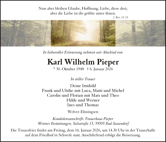 Traueranzeige von Karl Wilhelm Pieper von HASO
