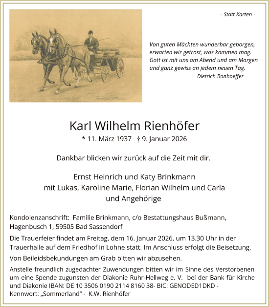 Traueranzeige von Karl Wilhelm Rienhöfer von HASO