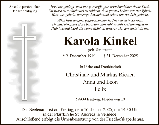 Traueranzeige von Karola Kinkel von HASK