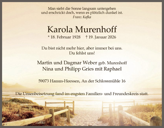 Traueranzeige von Karola Murenhoff von HAWA