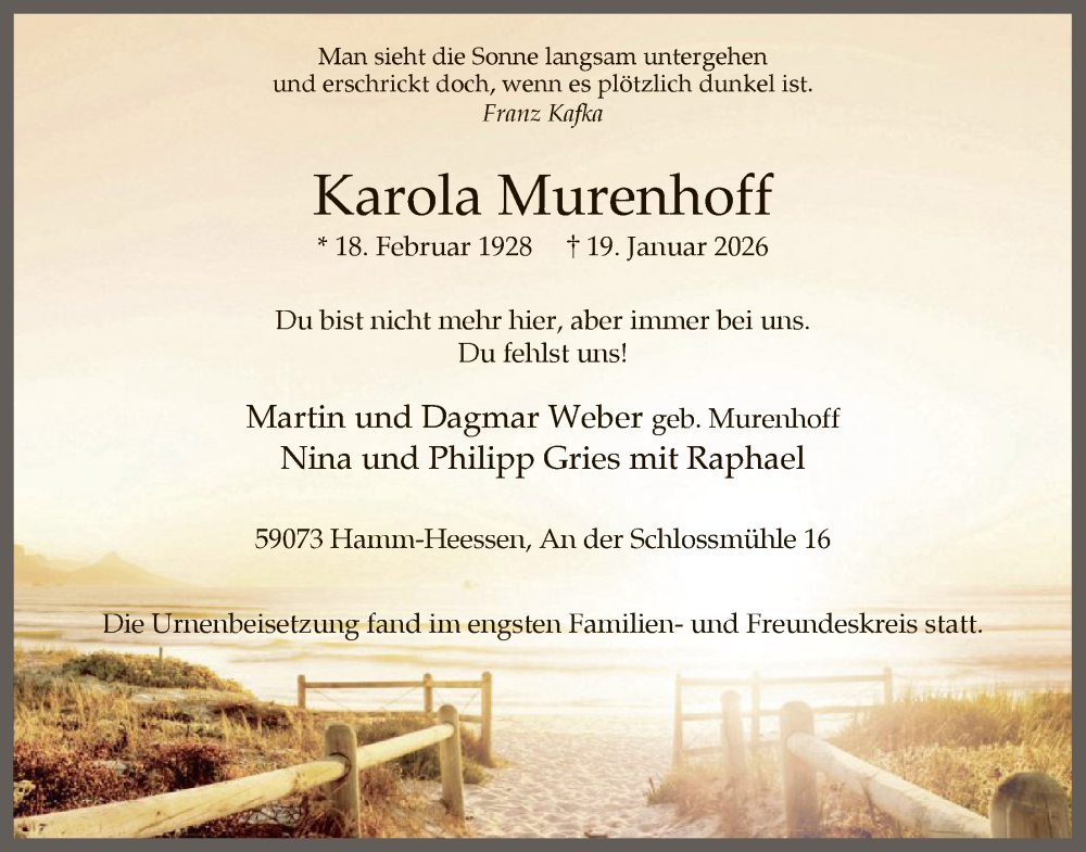  Traueranzeige für Karola Murenhoff vom 31.01.2026 aus HAWA