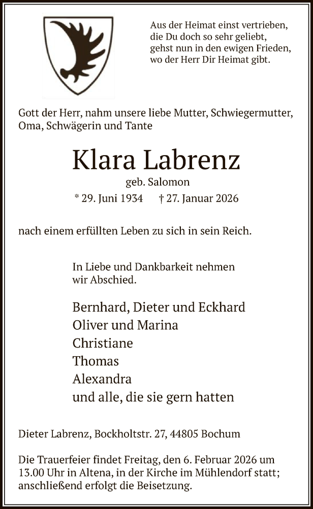  Traueranzeige für Klara Labrenz vom 31.01.2026 aus HALN