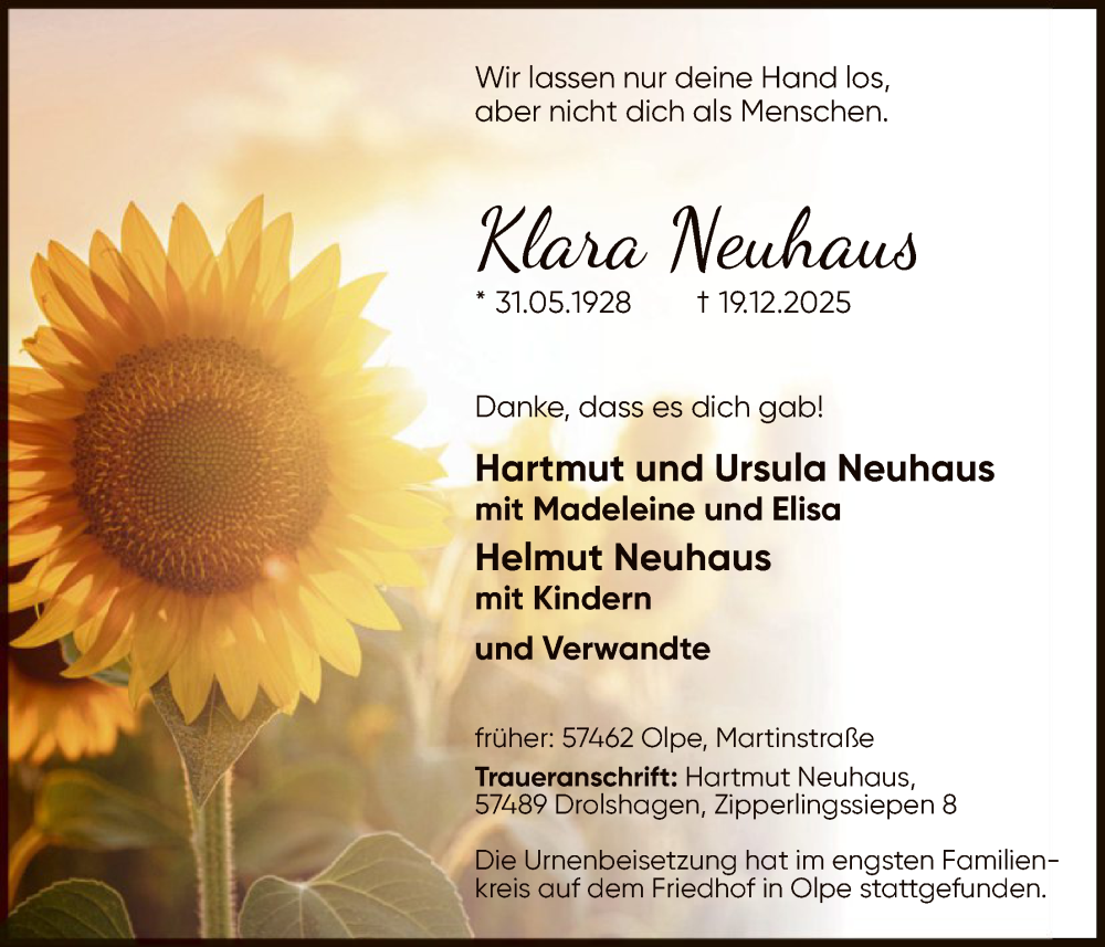  Traueranzeige für Klara Neuhaus vom 03.01.2026 aus HASK