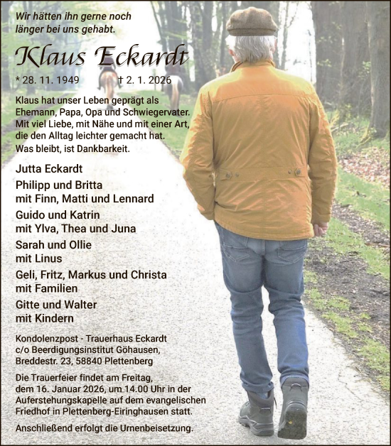 Traueranzeige von Klaus Eckardt von HALN