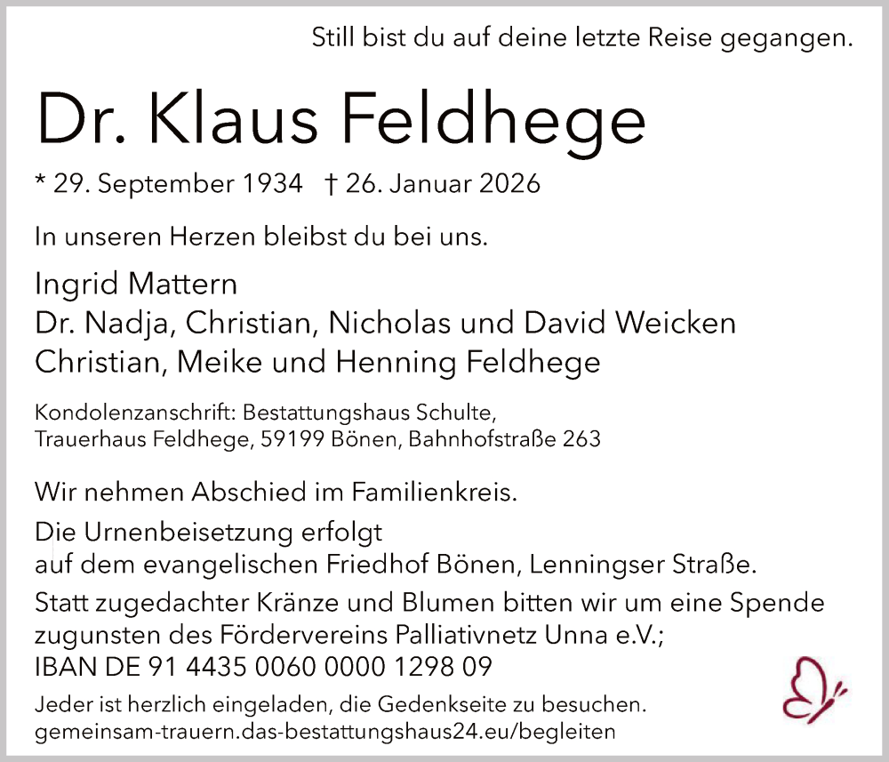  Traueranzeige für Klaus Feldhege vom 31.01.2026 aus HAWA
