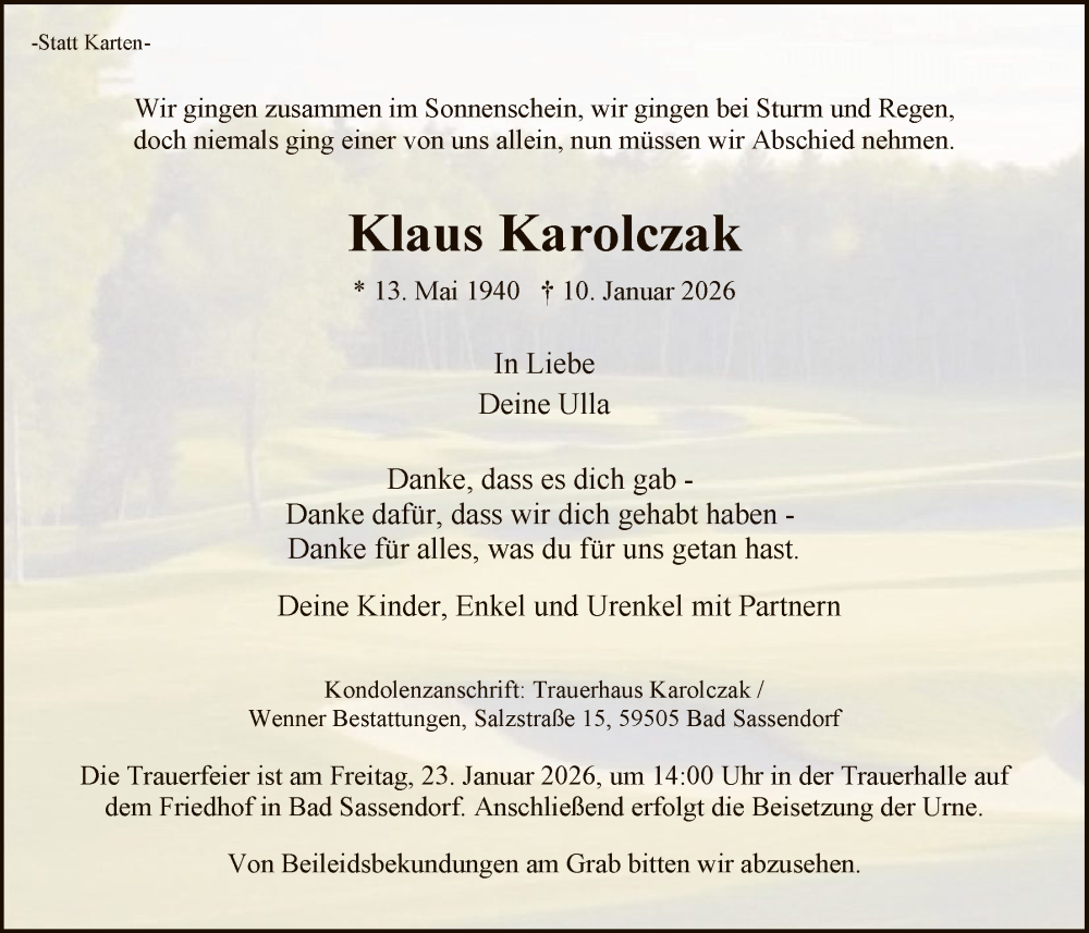  Traueranzeige für Klaus Karolczak vom 17.01.2026 aus HASO