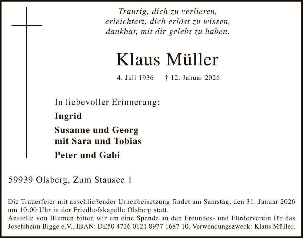  Traueranzeige für Klaus Müller vom 17.01.2026 aus HASK
