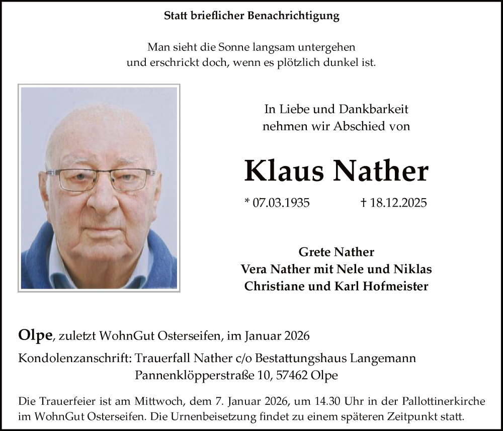  Traueranzeige für Klaus Nather vom 03.01.2026 aus HASK