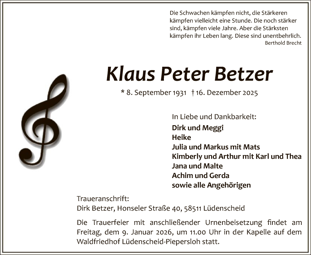  Traueranzeige für Klaus Peter Betzer vom 07.01.2026 aus HALN