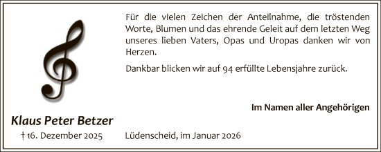 Traueranzeige von Klaus Peter Betzer von HALN