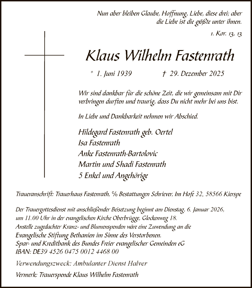  Traueranzeige für Klaus Wilhelm Fastenrath vom 03.01.2026 aus HALN