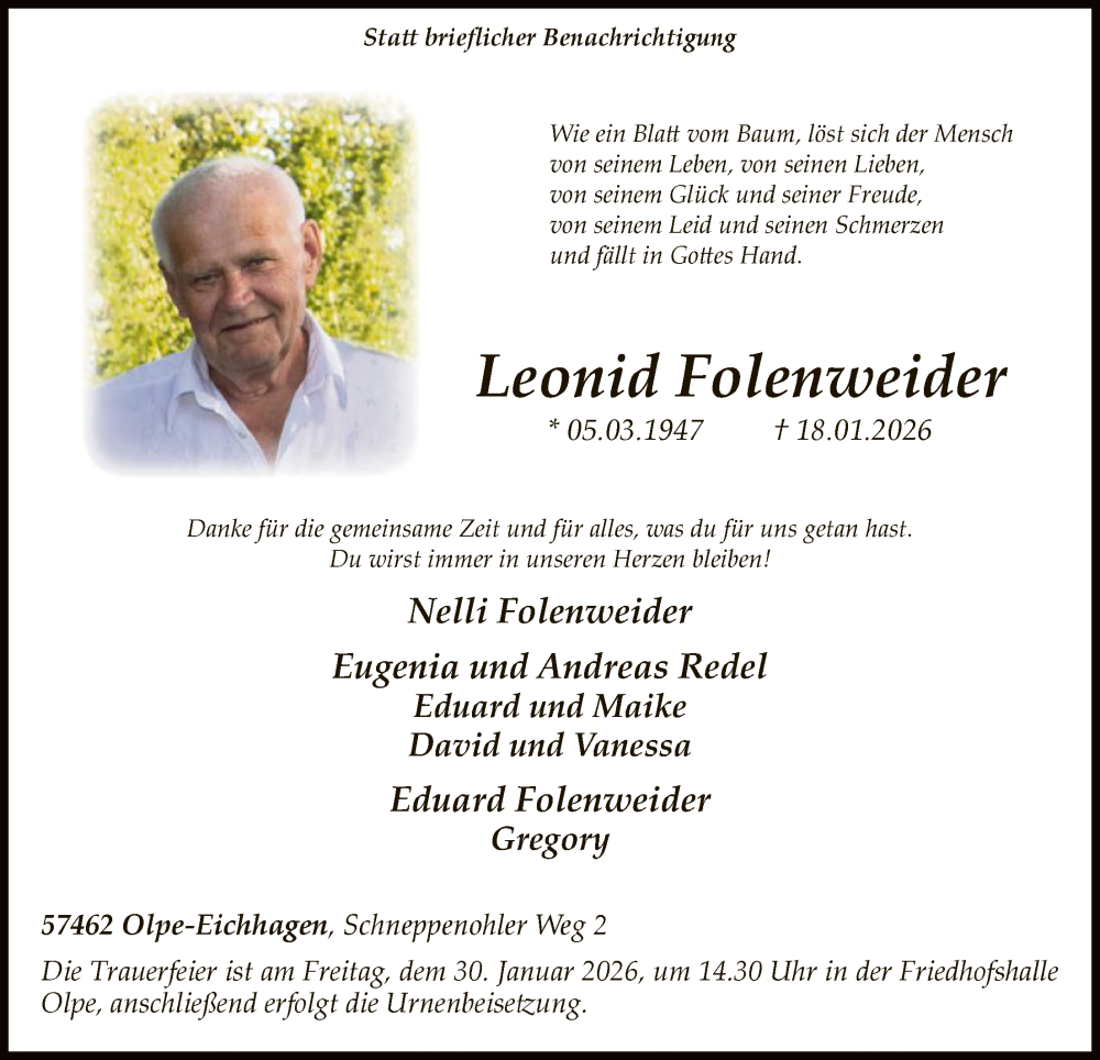  Traueranzeige für Leonid Folenweider vom 24.01.2026 aus HASK