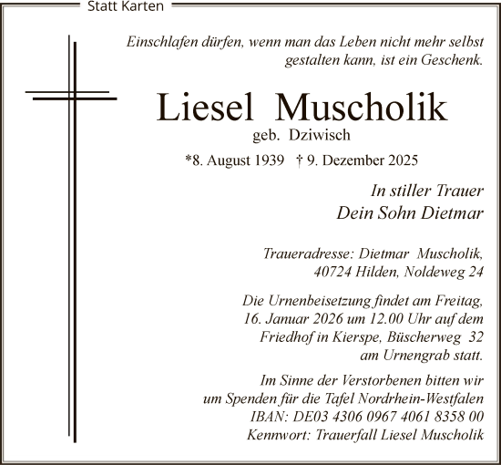 Traueranzeige von Liesel Muscholik von HALN