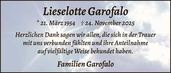 Traueranzeige von Lieselotte Garofalo von HALN