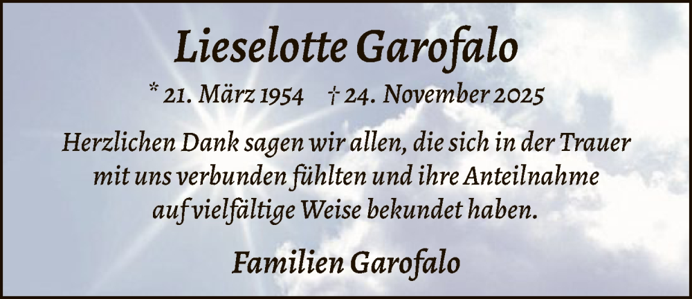  Traueranzeige für Lieselotte Garofalo vom 31.01.2026 aus HALN