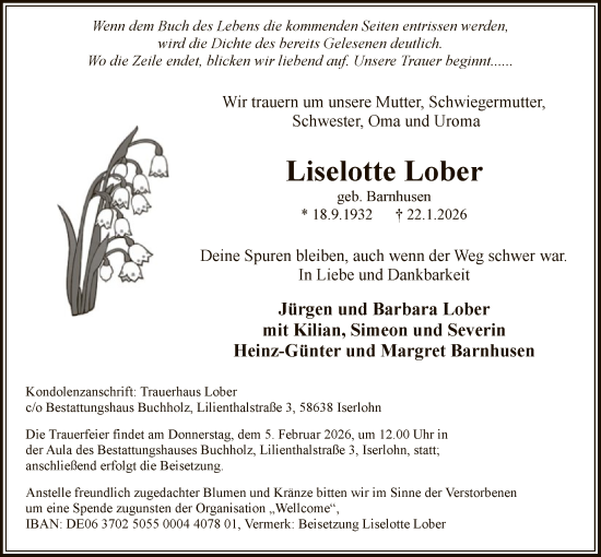 Traueranzeige von Liselotte Lober von HALN