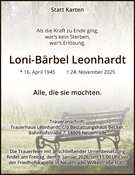 Traueranzeige von Loni-Bärbel Leonhardt von HALN