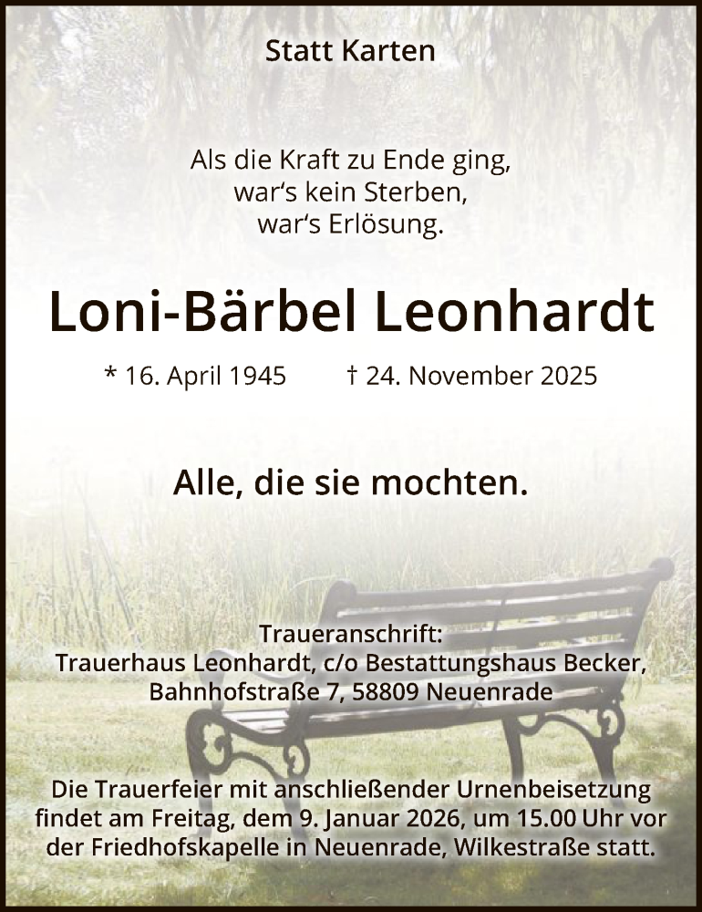  Traueranzeige für Loni-Bärbel Leonhardt vom 03.01.2026 aus HALN