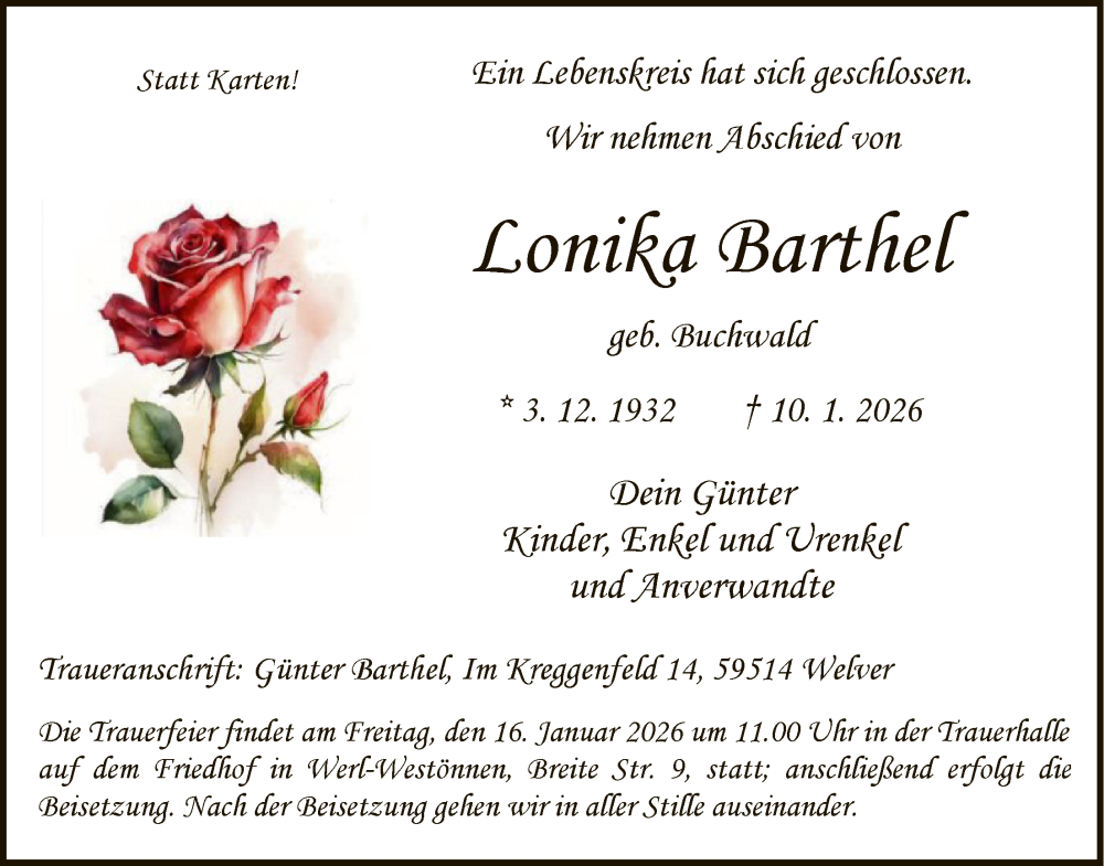  Traueranzeige für Lonika Barthel vom 13.01.2026 aus HASO
