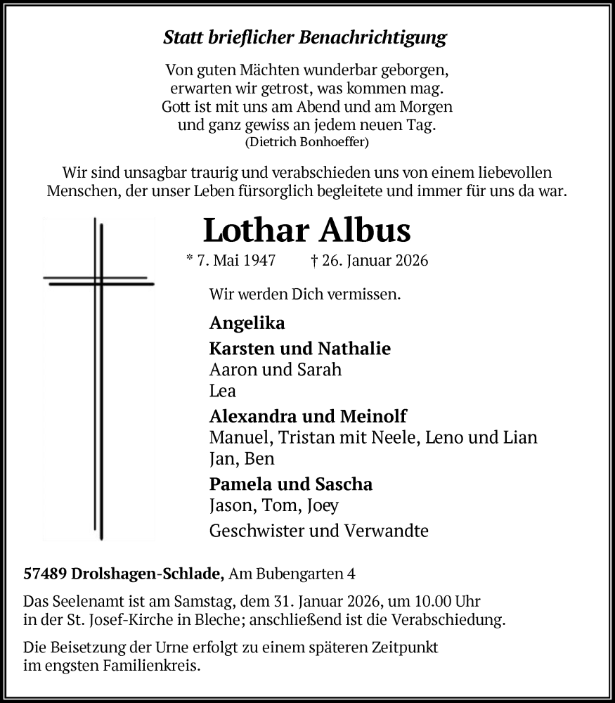  Traueranzeige für Lothar Albus vom 31.01.2026 aus HASK
