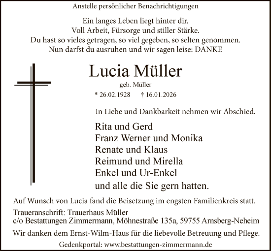 Traueranzeige von Lucia Müller von HASK