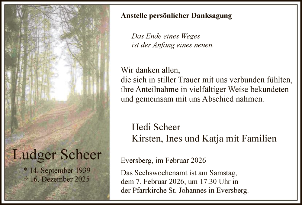  Traueranzeige für Ludger Scheer vom 31.01.2026 aus HASK