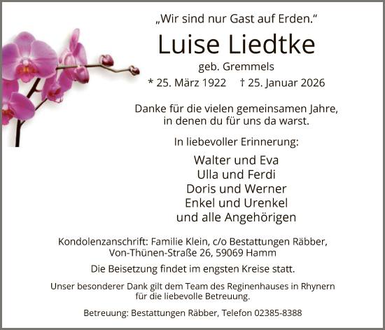 Traueranzeige von Luise Liedtke von HAWA