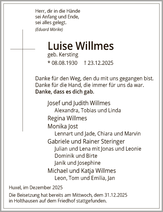 Traueranzeige von Luise Willmes von HASK