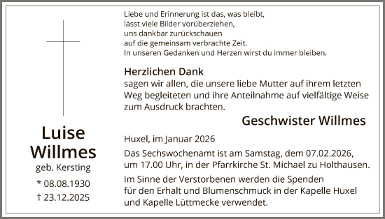 Traueranzeige von Luise Willmes von HASK