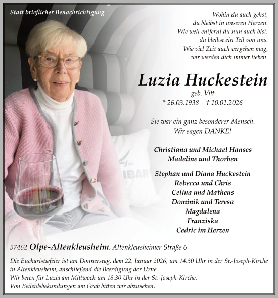Traueranzeige von Luzia Huckestein von HASK