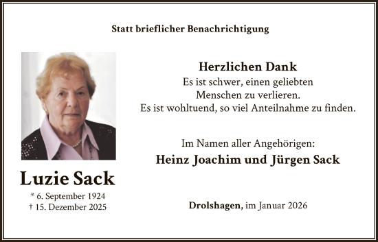 Traueranzeige von Luzie Sack von HASK