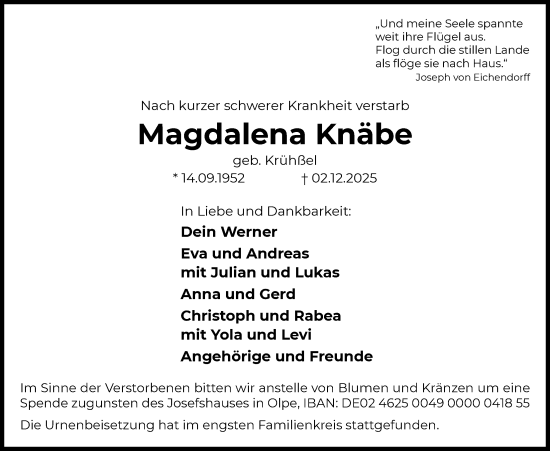 Traueranzeige von Magdalena Knäbe von HALN