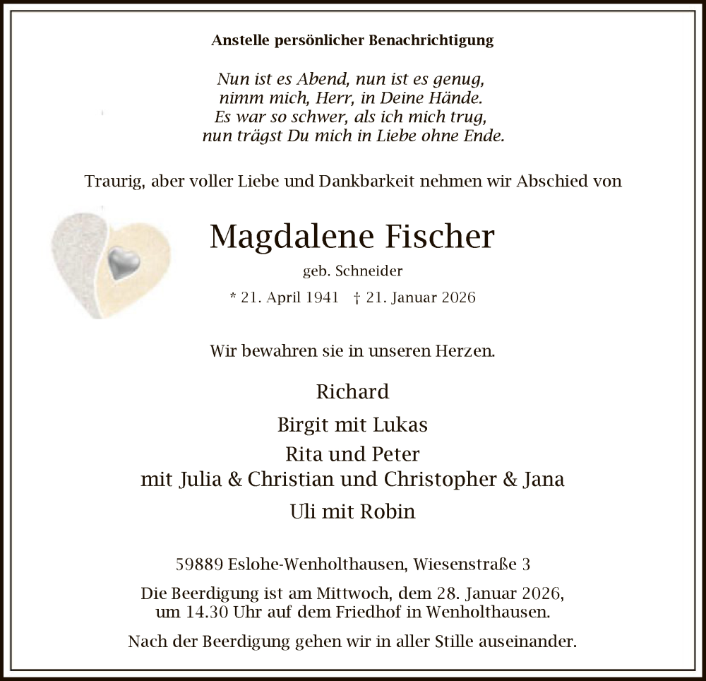  Traueranzeige für Magdalene Fischer vom 24.01.2026 aus HASK
