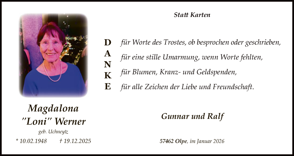  Traueranzeige für Magdalona Werner vom 31.01.2026 aus HASK