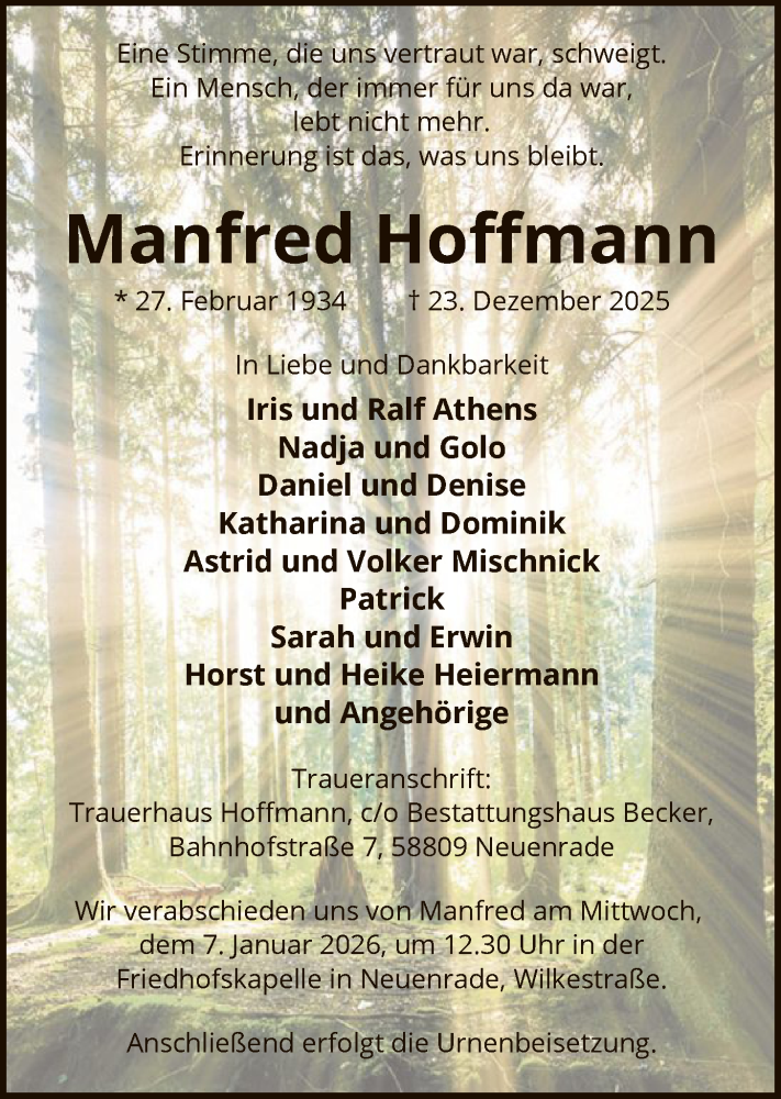  Traueranzeige für Manfred Hoffmann vom 03.01.2026 aus HALN