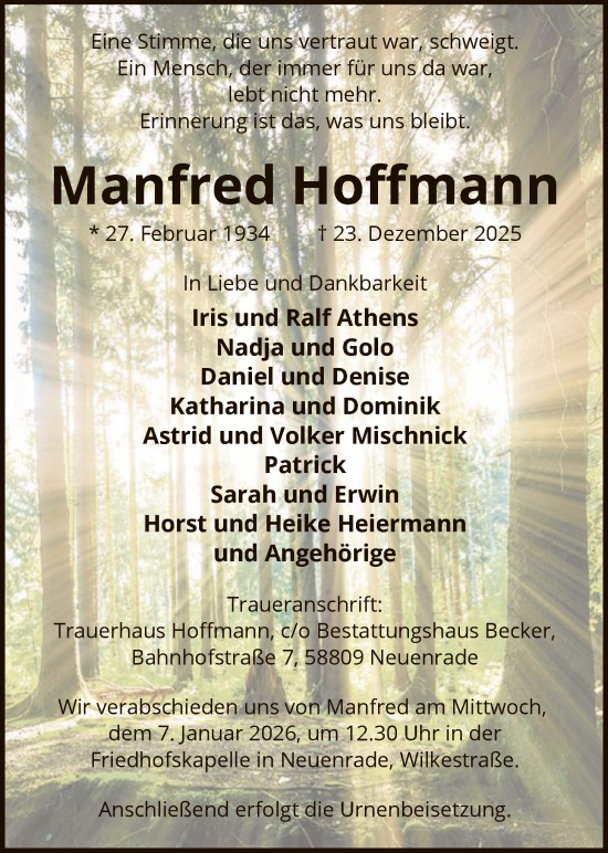 Traueranzeige von Manfred Hoffmann von HALN
