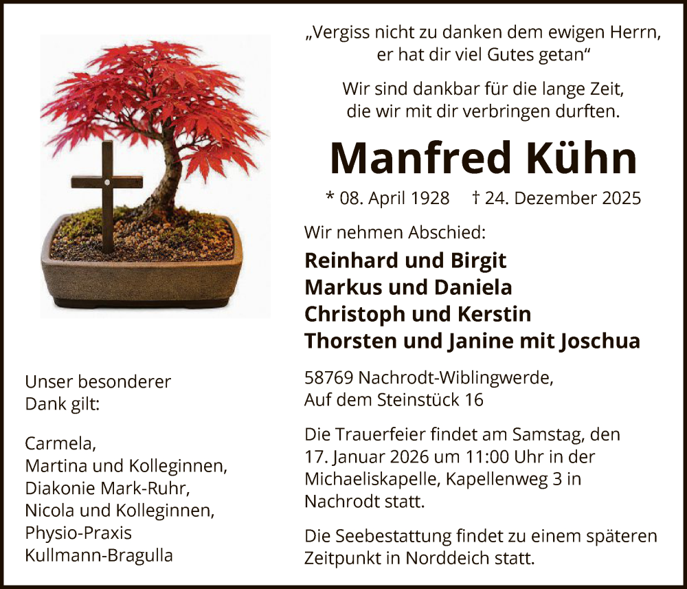  Traueranzeige für Manfred Kühn vom 03.01.2026 aus HALN
