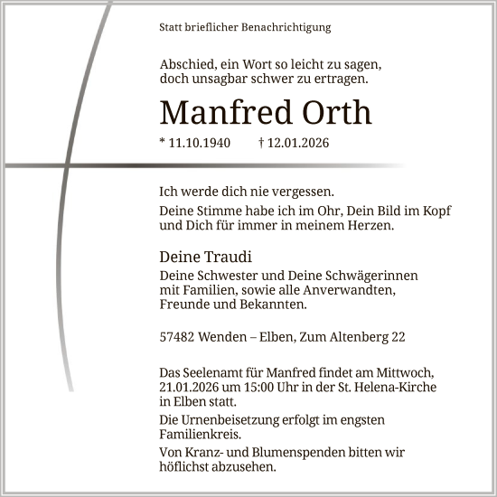 Traueranzeige von Manfred Orth von HASK