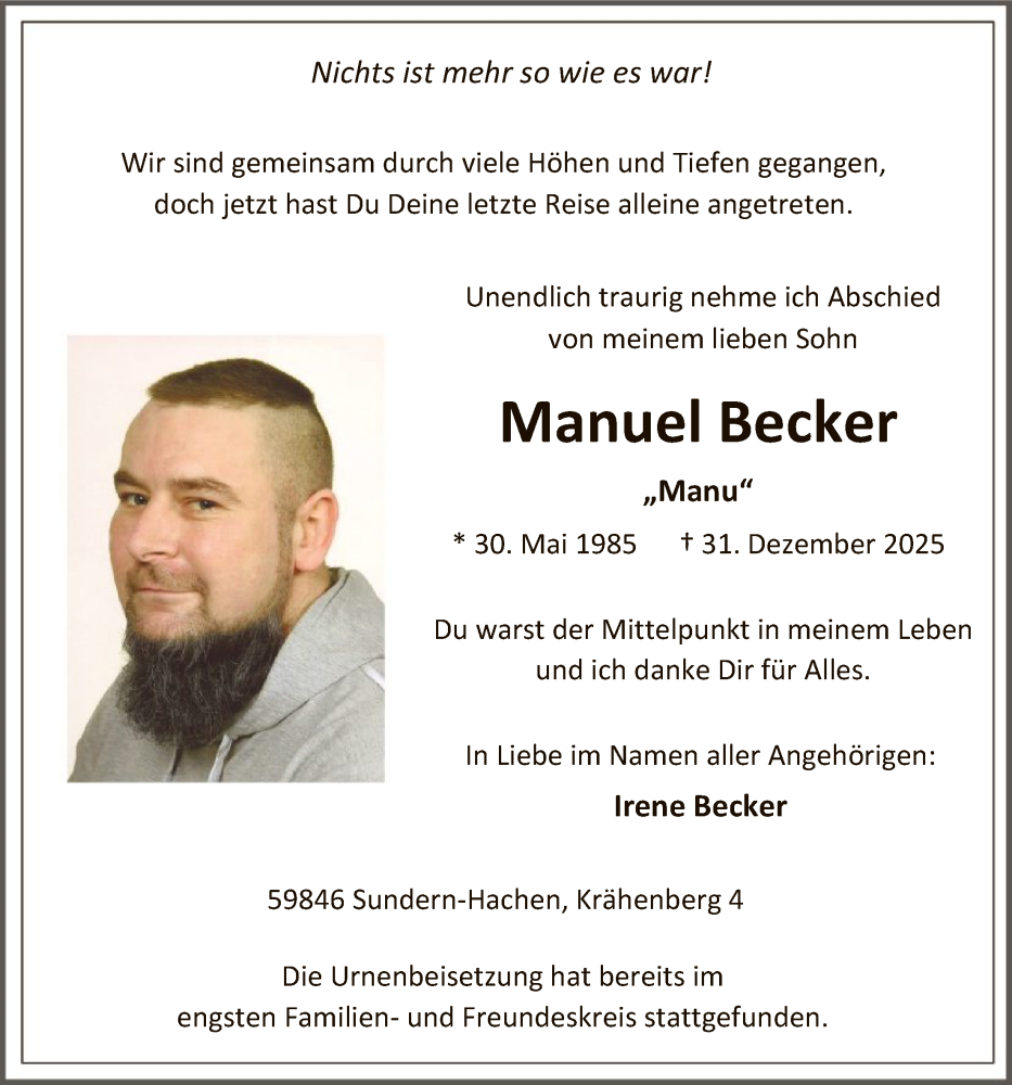  Traueranzeige für Manuel Becker vom 24.01.2026 aus HASK