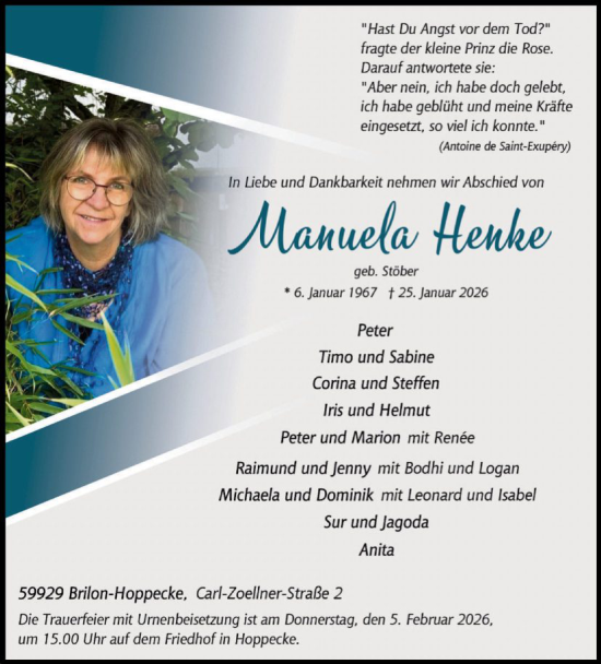 Traueranzeige von Manuela Henke von HASK