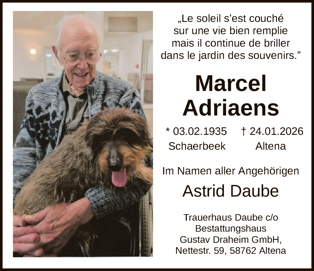  Traueranzeige für Marcel Adriaens vom 31.01.2026 aus HALN
