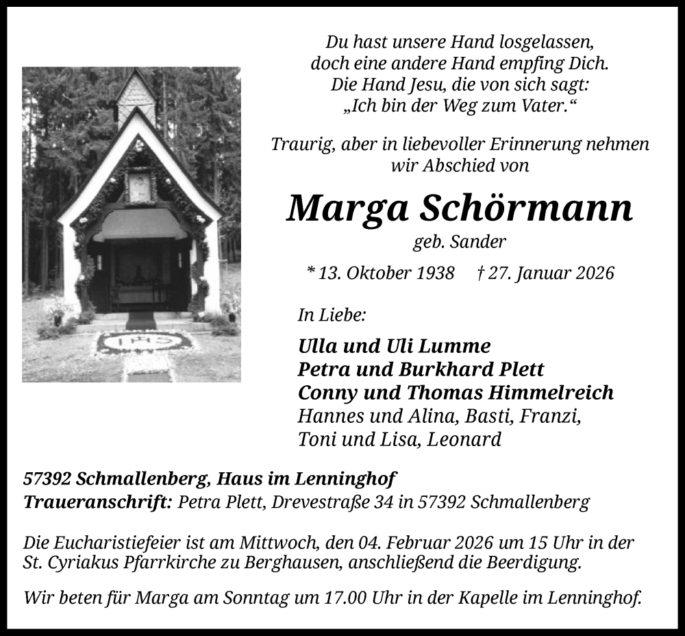  Traueranzeige für Marga Schörmann vom 31.01.2026 aus HASK