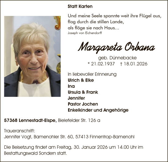 Traueranzeige von Margareta Orbana von HASK