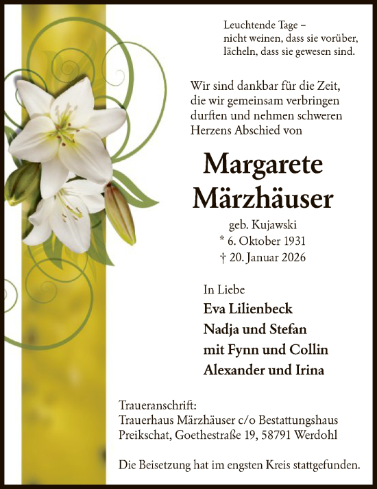 Traueranzeige von Margarete Märzhauser von HALN