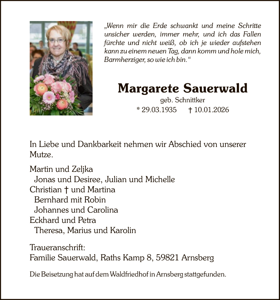  Traueranzeige für Margarete Sauerwald vom 17.01.2026 aus HASK