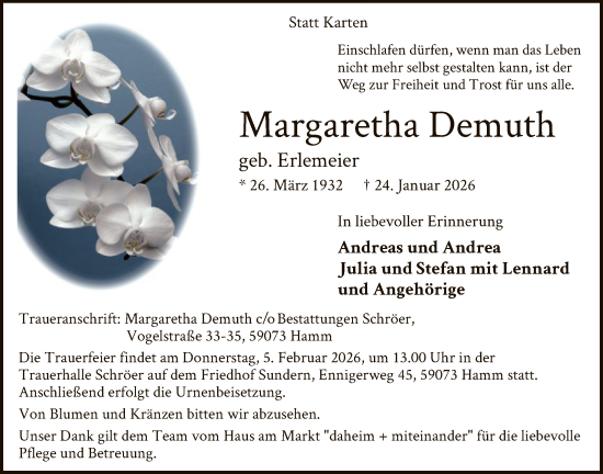 Traueranzeige von Margaretha Demuth von HAWA