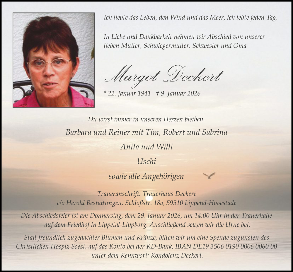  Traueranzeige für Margot Deckert vom 17.01.2026 aus HAWAHASO