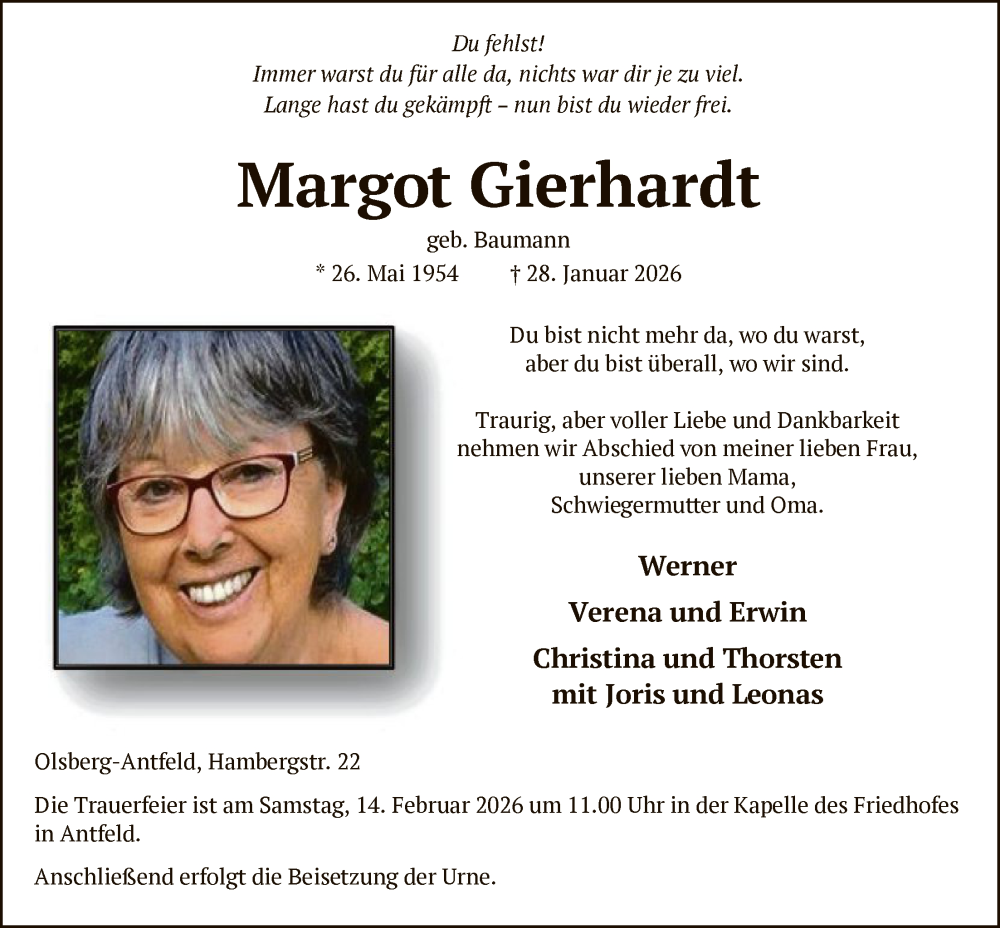  Traueranzeige für Margot Gierhardt vom 31.01.2026 aus HASK