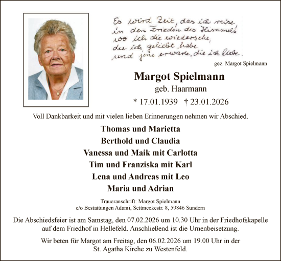 Traueranzeige von Margot Spielmann von HASK