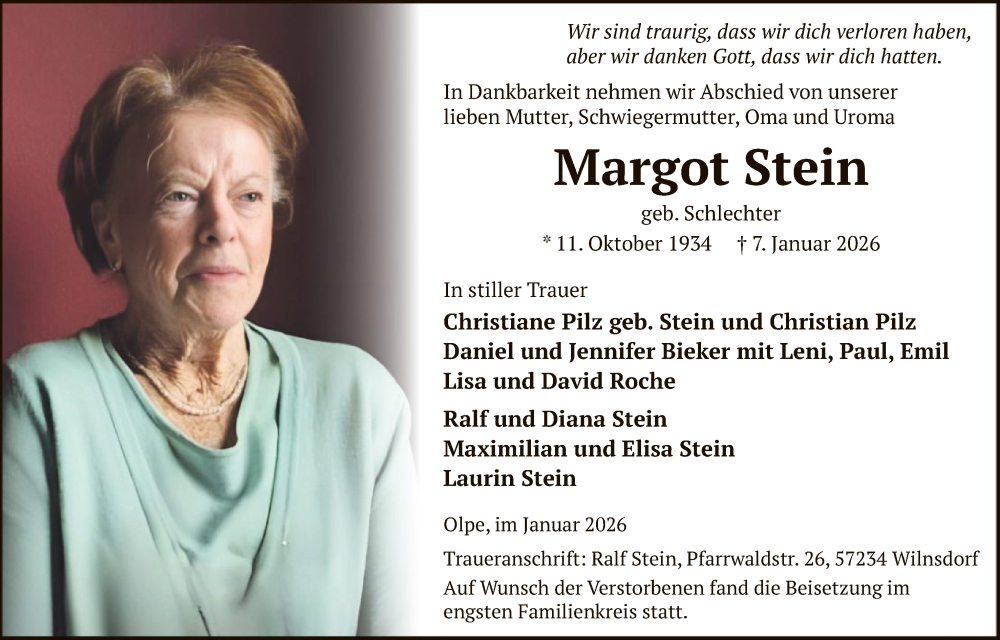  Traueranzeige für Margot Stein vom 17.01.2026 aus HASK